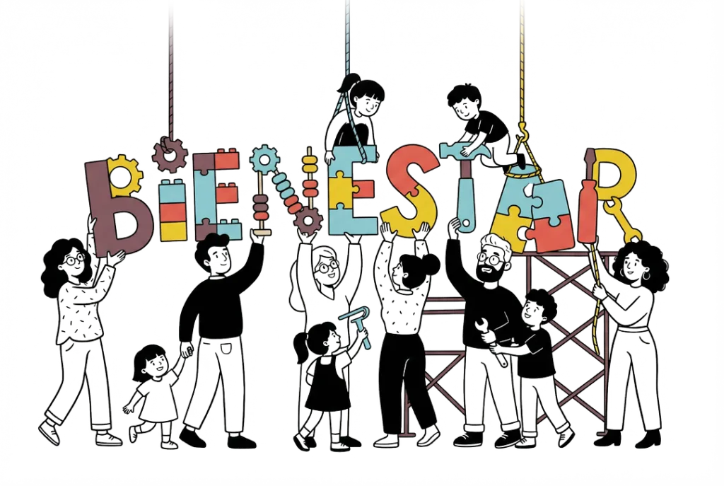 Ilustración de familias construyendo juntas la palabra BIENESTAR