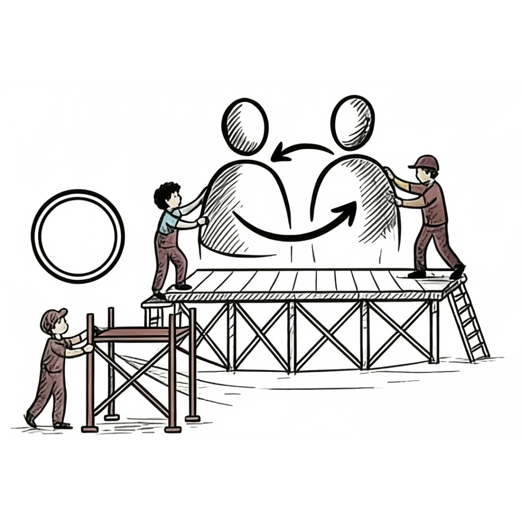 Ilustración de dos personas encontrándose sobre un puente en construcción