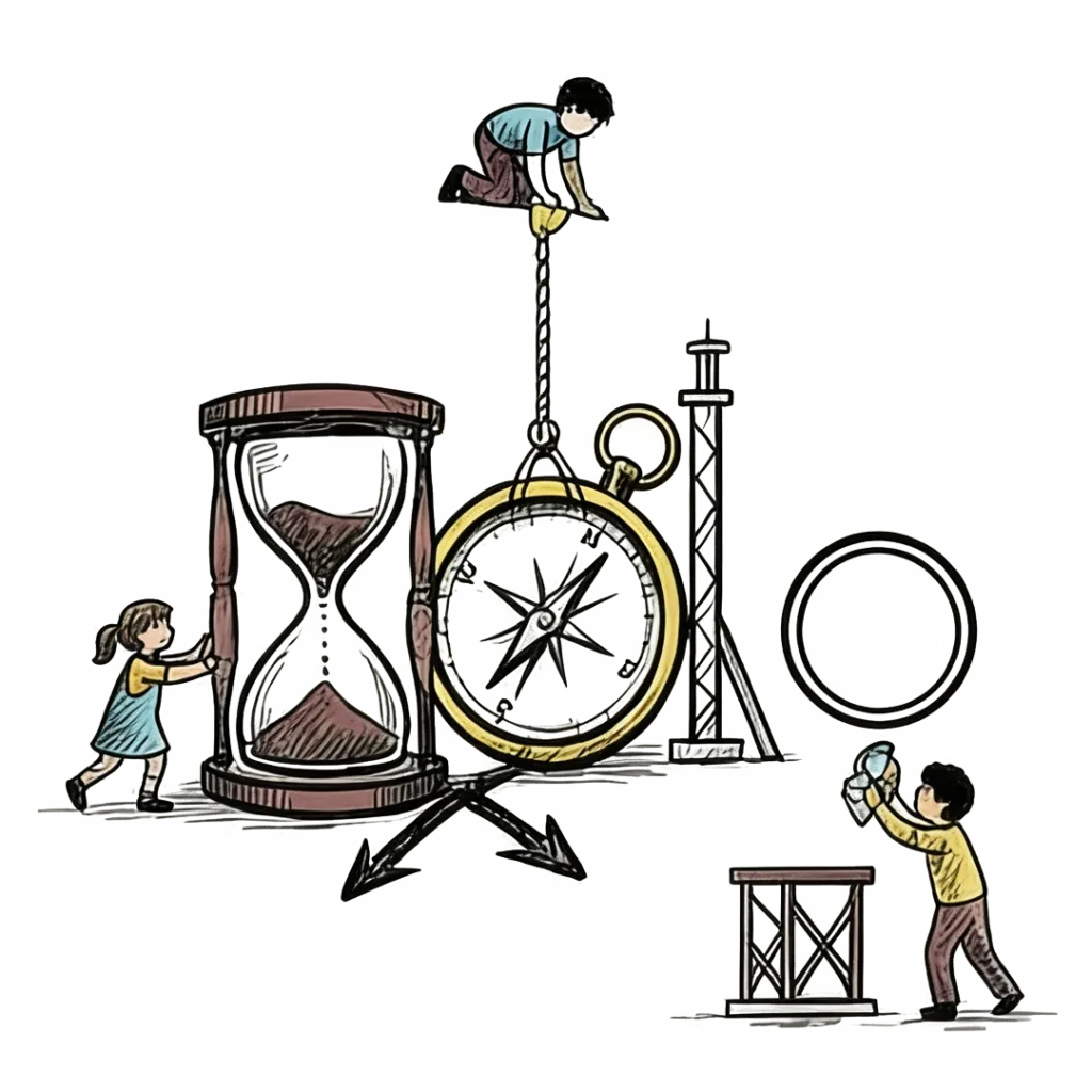 Ilustración de personas junto a un reloj de arena y una brújula