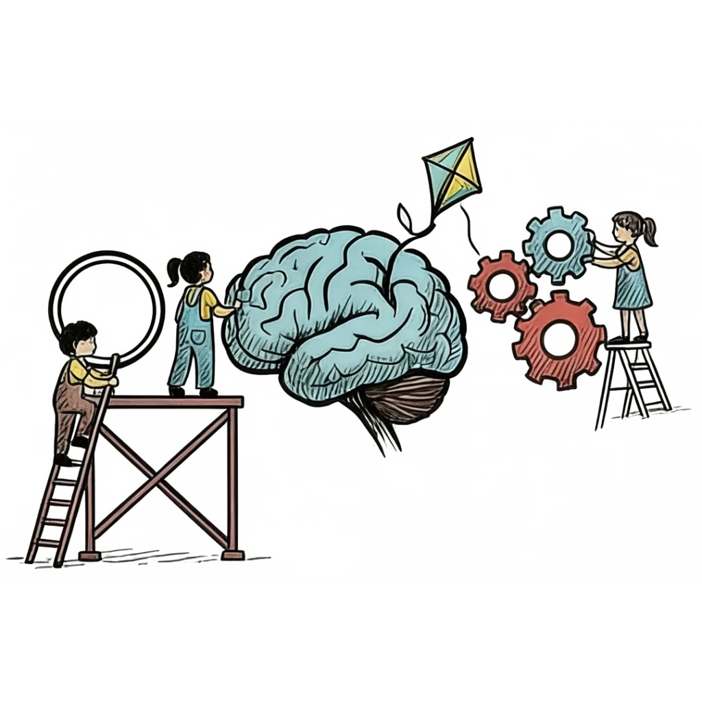 Ilustración de personas elevando un cerebro como cometa