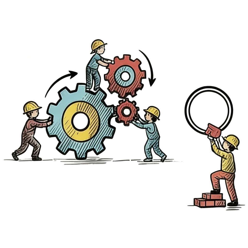 Ilustración de un equipo moviendo engranajes en conjunto