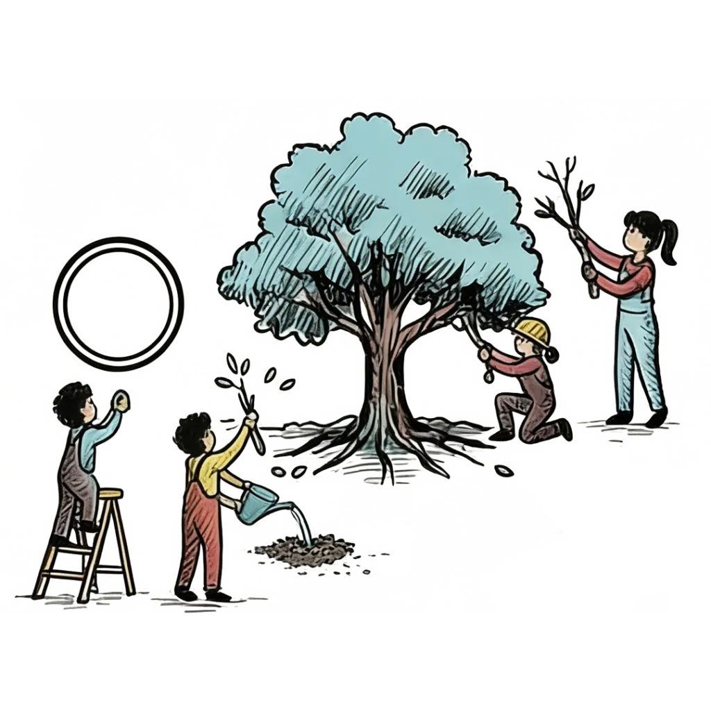 Ilustración de personas cultivando un árbol