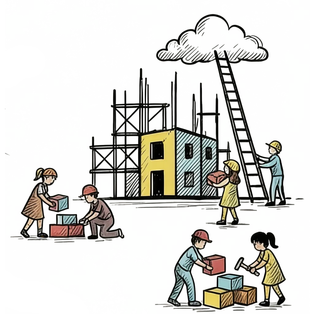 Ilustración de una construcción colectiva de una casa