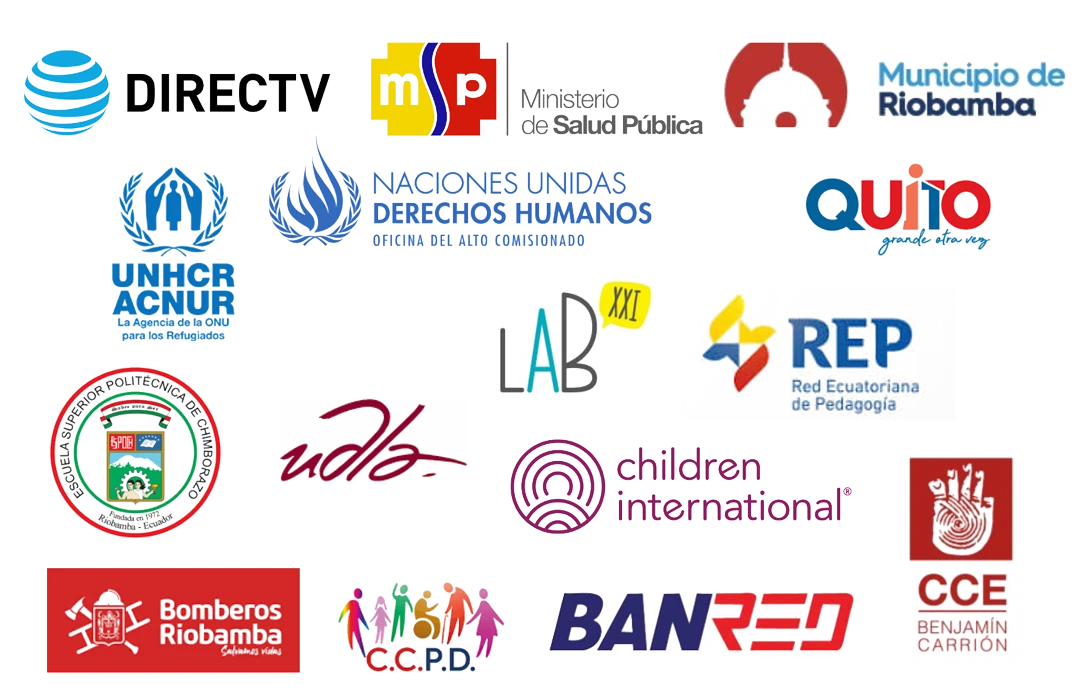 Logos de organizaciones aliadas: ACNUR, Naciones Unidas Derechos Humanos, Ministerio de Salud Pública, Municipio de Riobamba, Quito, DIRECTV, UDLA, Children International, ESPOCH, Bomberos Riobamba, BANRED, entre otras