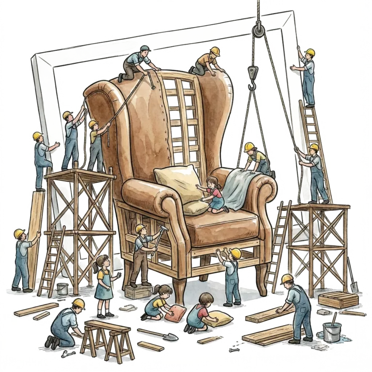 Ilustración de un gran sillón en construcción con andamios