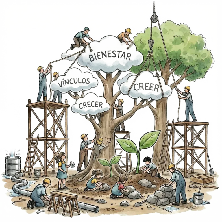 Ilustración de personas construyendo bienestar alrededor de un árbol