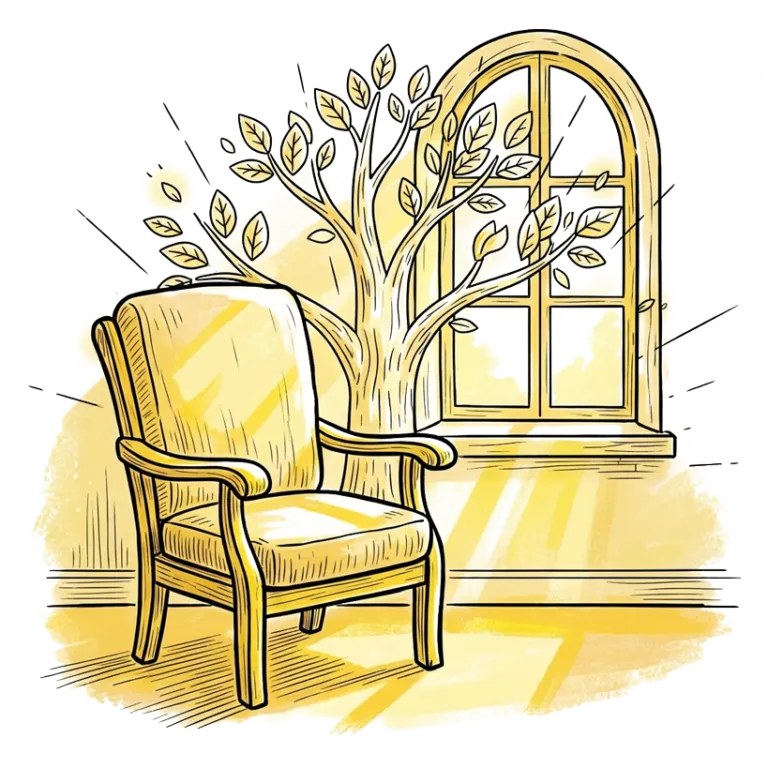 Ilustración de una silla junto a una ventana iluminada