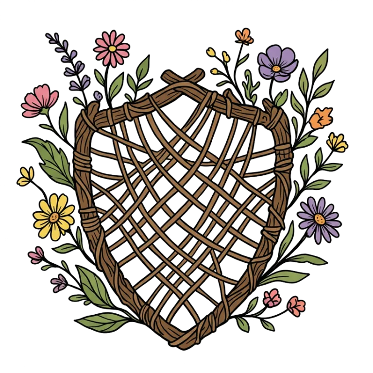 Ilustración de un escudo tejido con flores