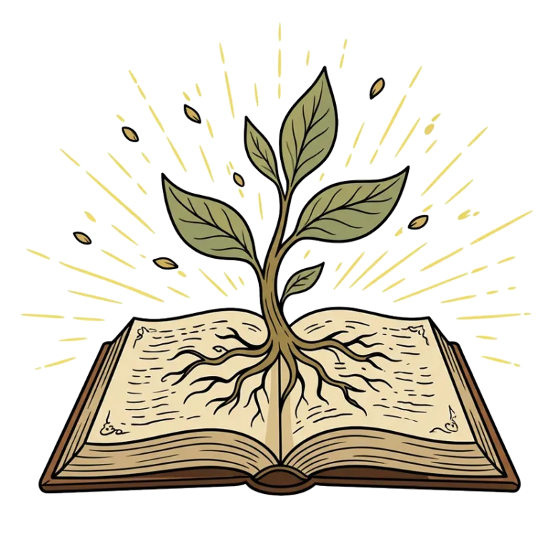 Ilustración de un libro abierto del que brota una planta